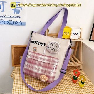 TÚI ĐEO CHÉO, HỌA TIẾT CARO HAPPY DAY, VẢI CANVAS, IN HÌNH MÈO CON XINH XẮN CH127 - BH KIDS