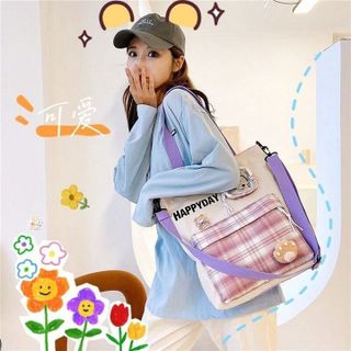 TÚI ĐEO CHÉO, HỌA TIẾT CARO HAPPY DAY, VẢI CANVAS, IN HÌNH MÈO CON XINH XẮN CH127 - BH KIDS