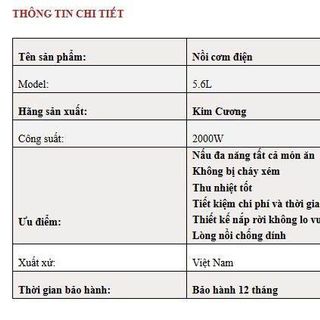 NỒI CƠM ĐIỆN KIM CƯƠNG NẮP RỜI CHỐNG DÍNH 5,6L