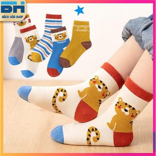 Set 5 Đôi Tất, Vớ Cao Cổ, Chất Liệu 100% Cotton Cao Cấp, Thoáng Khí, Kháng Khuẩn, Họa Tiết Hoạt Hình, 16 cm( 2-7 Tuổi) Vải Cotton