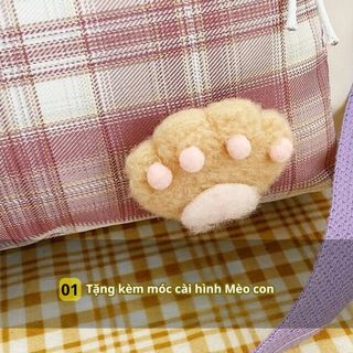 Túi đeo chéo BH Kids, họa tiết Caro HAPPY DAY, vải Canvas, in hình mèo con xinh xắn - CH127