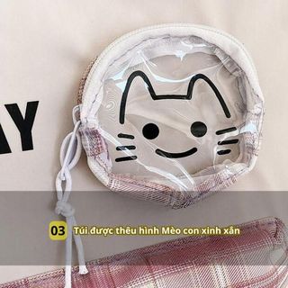 Túi đeo chéo BH Kids, họa tiết Caro HAPPY DAY, vải Canvas, in hình mèo con xinh xắn - CH127
