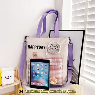 Túi đeo chéo BH Kids, họa tiết Caro HAPPY DAY, vải Canvas, in hình mèo con xinh xắn - CH127