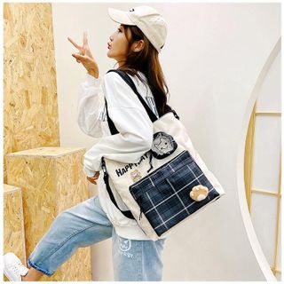 Túi đeo chéo BH Kids, họa tiết Caro HAPPY DAY, vải Canvas, in hình mèo con xinh xắn - CH127