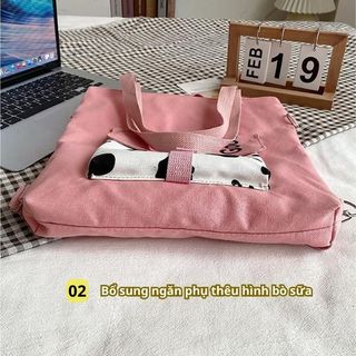 Túi đeo chéo BH Kids họa tiết Bò Sữa, phiên bản Hàn Quốc; vải Canvas, đựng vừa Ipad, sách A4 - CH123