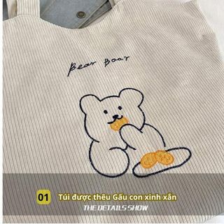 Túi đeo chéo, tote nhung thêu Gấu BH Kids, thời trang, cá tính, đựng vừa Laptop 15.6 inch, Ipad, A4 - CH124 Đeo Vai
