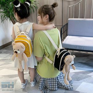 Balo vải Canvas hình chú gấu xinh xắn cho bé mẫu giáo, nhà trẻ BHS07