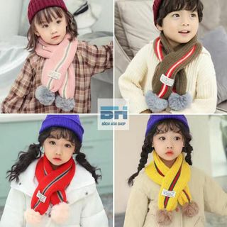 Khăn len choàng cổ phối bóng lông mềm xinh xắn cho bé từ 1-12 tuổi BHS48