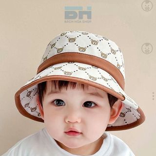 Mũ chống nắng ngư dân in hình gấu, vành tròn, chất liệu vải chống nắng UPF50 - Phù hợp với bé từ 6 tháng đến 4 tuổi