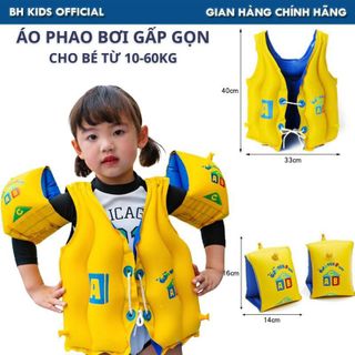 Combo Áo phao - Tay bơi bơm hơi, gấp gọn cho bé từ 10-60kg, chất liệu PVC an toàn cho trẻ em, nhiều ngăn chứa hơi tiện lợi