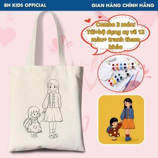 Combo 3 món BH Kids Túi vải Canvas + bộ dụng cụ vẽ 12 màu + tranh tham khảo, túi vẽ tay Graffiti cho bé theo chủ đề
