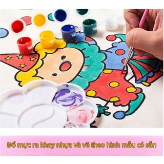 Combo 3 món BH Kids Túi vải Canvas + bộ dụng cụ vẽ 12 màu + tranh tham khảo, túi vẽ tay Graffiti cho bé theo chủ đề