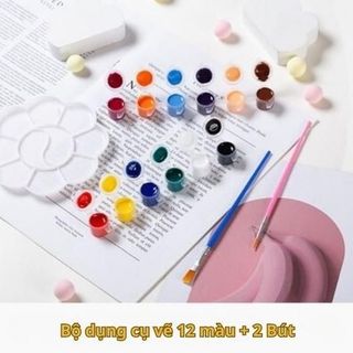 Combo 3 món BH Kids Túi vải Canvas + bộ dụng cụ vẽ 12 màu + tranh tham khảo, túi vẽ tay Graffiti cho bé theo chủ đề