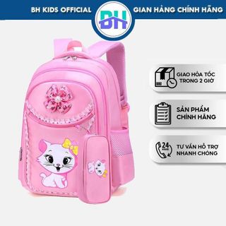 Balo con mèo màu hồng BH Kids, chống thấm nước, nhiều ngăn tiện ích, dành học sinh cấp 1, tiểu học - BHS63