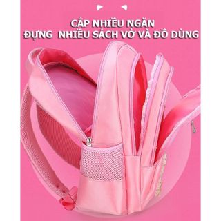 Balo con mèo màu hồng BH Kids, chống thấm nước, nhiều ngăn tiện ích, dành học sinh cấp 1, tiểu học - BHS63