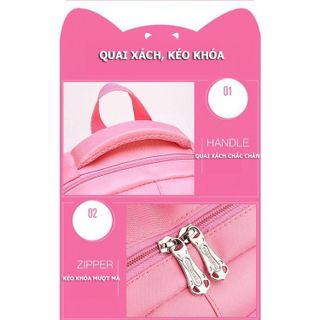 Balo con mèo màu hồng BH Kids, chống thấm nước, nhiều ngăn tiện ích, dành học sinh cấp 1, tiểu học - BHS63