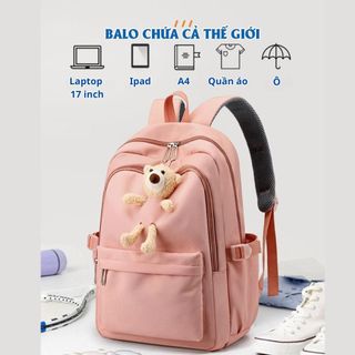 Balo Ulzzang kèm gấu xinh xắn, đựng được laptop 17 inch, vải Oxford chống nước, chống sốc, siêu nhẹ - CH178