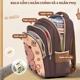 Balo Capybara hoạt hình 3D nổi, nhiều ngăn, chất liệu Polyester chống thấm nước, phù hợp cho bé tiểu học, cấp 1 - CH183