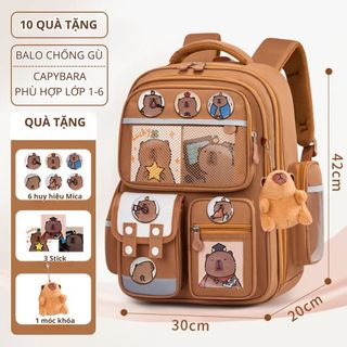 10 QUÀ TẶNG - Balo chống gù, chống nước Capybara cho bé tiểu học, nhiều ngăn phụ, có phản quan phát sáng ban đêm - CH181