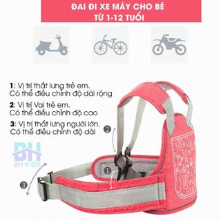Đai, Địu di xe máy an toàn cho bé (từ 1 đến 10 tuổi), chống bụi bẩn, thoáng khí, chắc chắn, phát sáng ban đêm