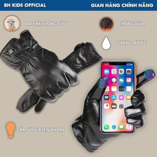 Găng tay da thật BH Kids chống nước, lửa, chống nắng, chống gió, đi mưa dành cho nam,nữ, có cảm ứng và lót nhung cao cấp