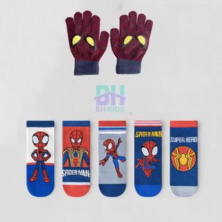 Combo 5 Đôi Tất, Vớ và 1 Đôi gang tay Siêu Nhân Nhện, Chất Liệu 100% Cotton, Thoáng Khí, Kháng Khuẩn, Cho Bé 3-10 Tuổi