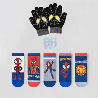 Combo 5 Đôi Tất, Vớ và 1 Đôi gang tay Siêu Nhân Nhện, Chất Liệu 100% Cotton, Thoáng Khí, Kháng Khuẩn, Cho Bé 3-10 Tuổi