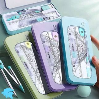BỘ ĐỒ DÙNG HỌC TẬP 7 CHI TIẾT CHO BÉ HỌC HÌNH HỌC, COMPA, EKE, THƯỚC KẺ FULL BOX
