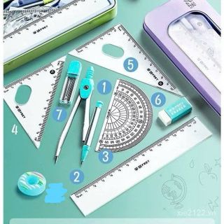 BỘ ĐỒ DÙNG HỌC TẬP 7 CHI TIẾT CHO BÉ HỌC HÌNH HỌC, COMPA, EKE, THƯỚC KẺ FULL BOX