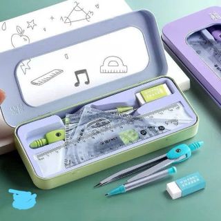 BỘ ĐỒ DÙNG HỌC TẬP 7 CHI TIẾT CHO BÉ HỌC HÌNH HỌC, COMPA, EKE, THƯỚC KẺ FULL BOX