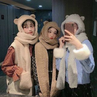 MŨ LÔNG TAI GẤU KÈM KHĂN QUÀNG CỔ, GĂNG TAY - MŨ 3IN1