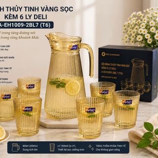 BỘ BÌNH THUỶ TINH VÀNG SỌC KÈM 6 LY DELI A-EH1009-2BL7 (T6)