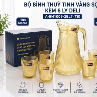 BỘ BÌNH THUỶ TINH VÀNG SỌC KÈM 6 LY DELI A-EH1009-2BL7 (T6)