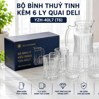 BỘ BÌNH THUỶ TINH KÈM 6 LY QUAI DELI YZH-40L7 (T6)