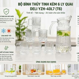 BỘ BÌNH THUỶ TINH KÈM 6 LY QUAI DELI YZH-40L7 (T6)