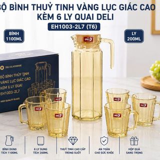 BỘ BÌNH THUỶ TINH VÀNG LỤC GIÁC CAO KÈM 6 LY QUAI DELI EH1003-2L7 (T6)