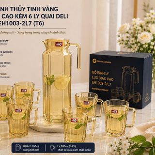 BỘ BÌNH THUỶ TINH VÀNG LỤC GIÁC CAO KÈM 6 LY QUAI DELI EH1003-2L7 (T6)