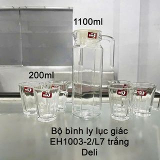 BỘ BÌNH THUỶ TINH LỤC GIÁC CAO KÈM 6 LY QUAI DELI EH1003-2L7 (T6)
