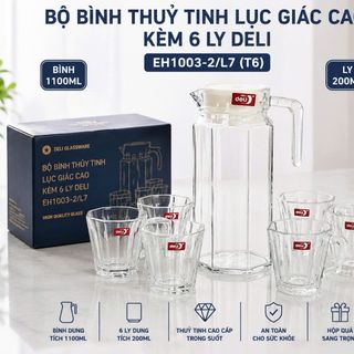BỘ BÌNH THUỶ TINH LỤC GIÁC CAO KÈM 6 LY QUAI DELI EH1003-2L7 (T6)