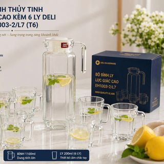 BỘ BÌNH THUỶ TINH LỤC GIÁC CAO KÈM 6 LY QUAI DELI EH1003-2L7 (T6)