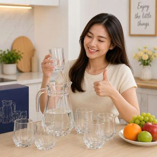 BỘ BÌNH THUỶ TINH LỤC GIÁC KÈM 6 LY DELI EH1028-L7 (T6)