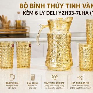 BỘ BÌNH THUỶ TINH VÀNG KÈM 6 LY DELI YZH33-7LHA (T6)