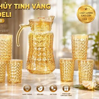 BỘ BÌNH THUỶ TINH VÀNG KÈM 6 LY DELI YZH33-7LHA (T6)