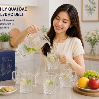 BỘ BÌNH THUỶ TINH ÁNH KIM KÈM 6 LY QUAI DELI YZH-35L7DHC (T6)