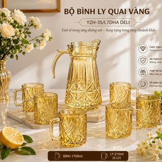 BỘ BÌNH THUỶ TINH VÀNG KÈM 6 LY QUAI DELI YZH-35L7DHA (T6)