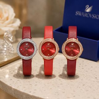XẢ KHO MÁY THUỴ ĐỒNG HỒ NỮ CAO CẤP SWAROKI  DÂY DA ĐỎ VIỀN ĐÁ