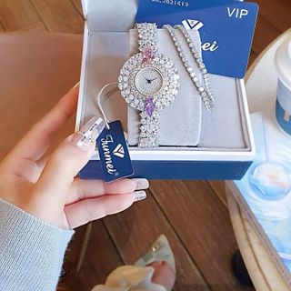SET ĐỒNG HỒ NỮ CHÍNH HÃNG FUNMEI F0022 SILVER ĐÍNH ĐÁ CZ KÈM DÂY CHUYỀN FULLBOX TEM