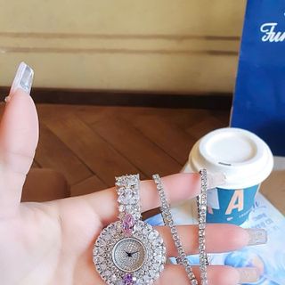 SET ĐỒNG HỒ NỮ CHÍNH HÃNG FUNMEI F0022 SILVER ĐÍNH ĐÁ CZ KÈM DÂY CHUYỀN FULLBOX TEM