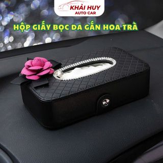 (BÁN SỈ) Hộp Giấy Ăn Hoa Trà Trắng vÀ Hồng Bọc Da PU Cao Cấp Đính Đá Để Ô Tô - Hộp Đựng Giấy Ăn Trên Xe Hơi