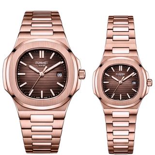ĐỒNG HỒ COUPLE CHÍNH HÃNG FUNMEI F8020 DÂY THÉP HỒNG VÀNG MẶT VUÔNG FULLBOX